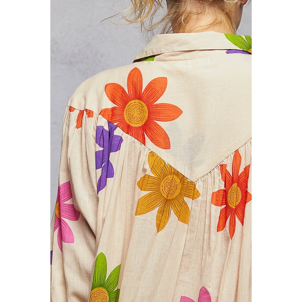 POL Floral Beaded Shirt Dress Long Sleeve‎ Midi Relaxed Fit Tan Multi SIZE M - Picture 7 of 7